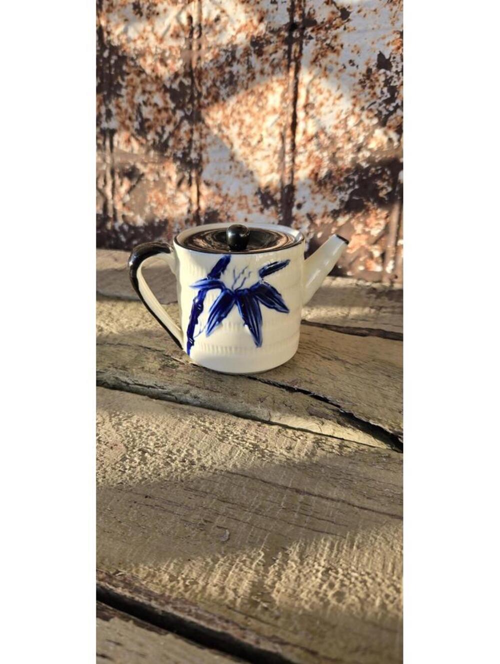 Vintage ceramic teapot hand-painted blue bamboo design Japan Japanese pottery
